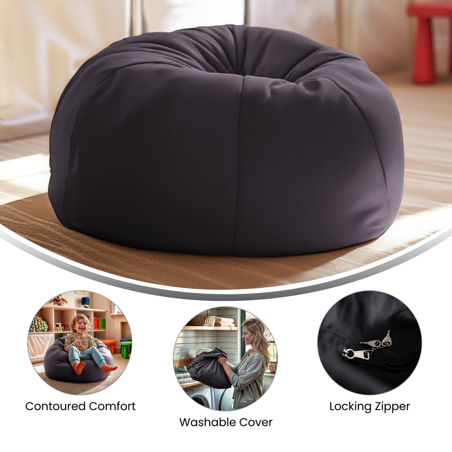 Dillon Small Solid Gray Refillable Bean Bag Chair for Kids and Teens Gray