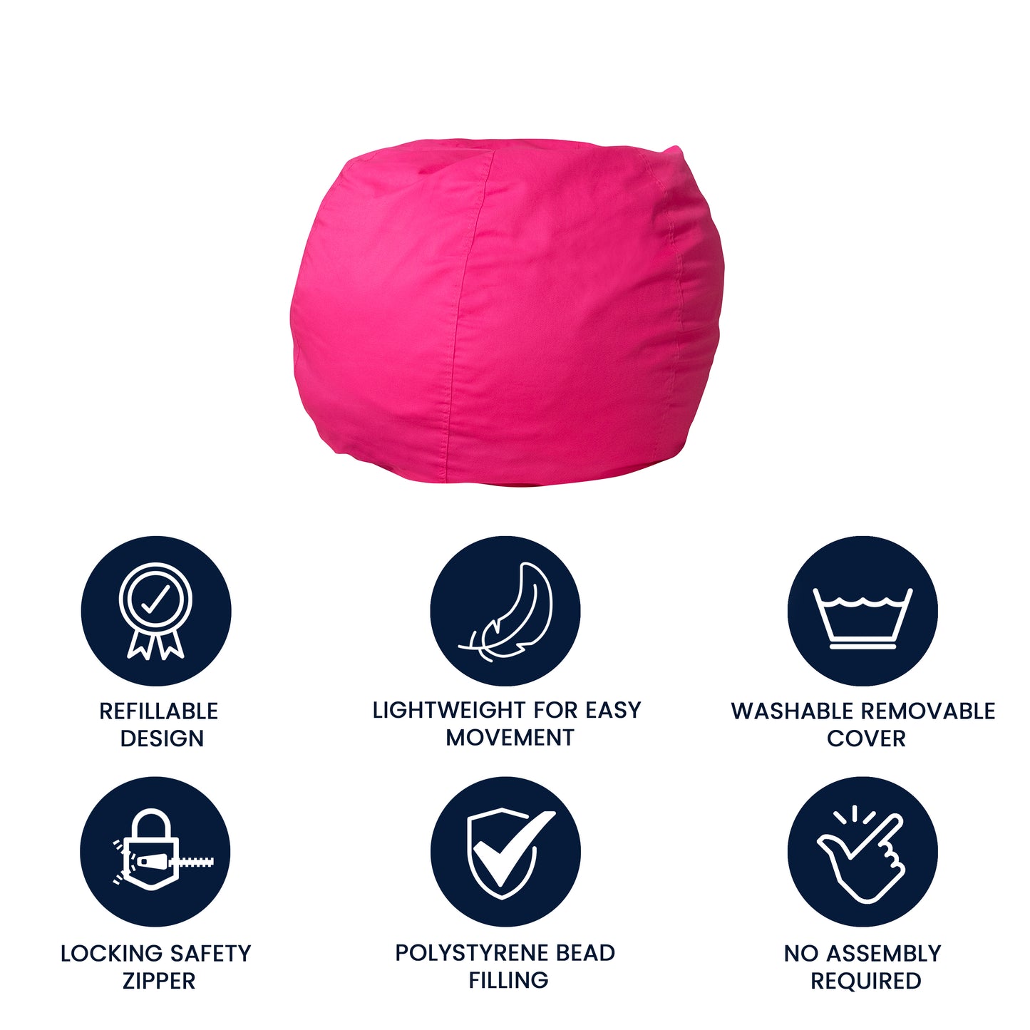 Dillon Small Solid Hot Pink Refillable Bean Bag Chair for Kids and Teens Hot Pink