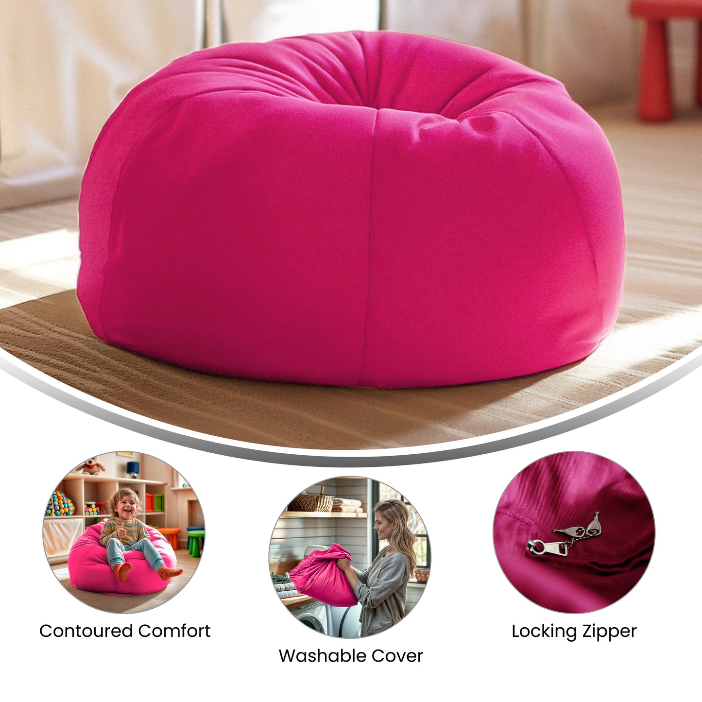Dillon Small Solid Hot Pink Refillable Bean Bag Chair for Kids and Teens Hot Pink