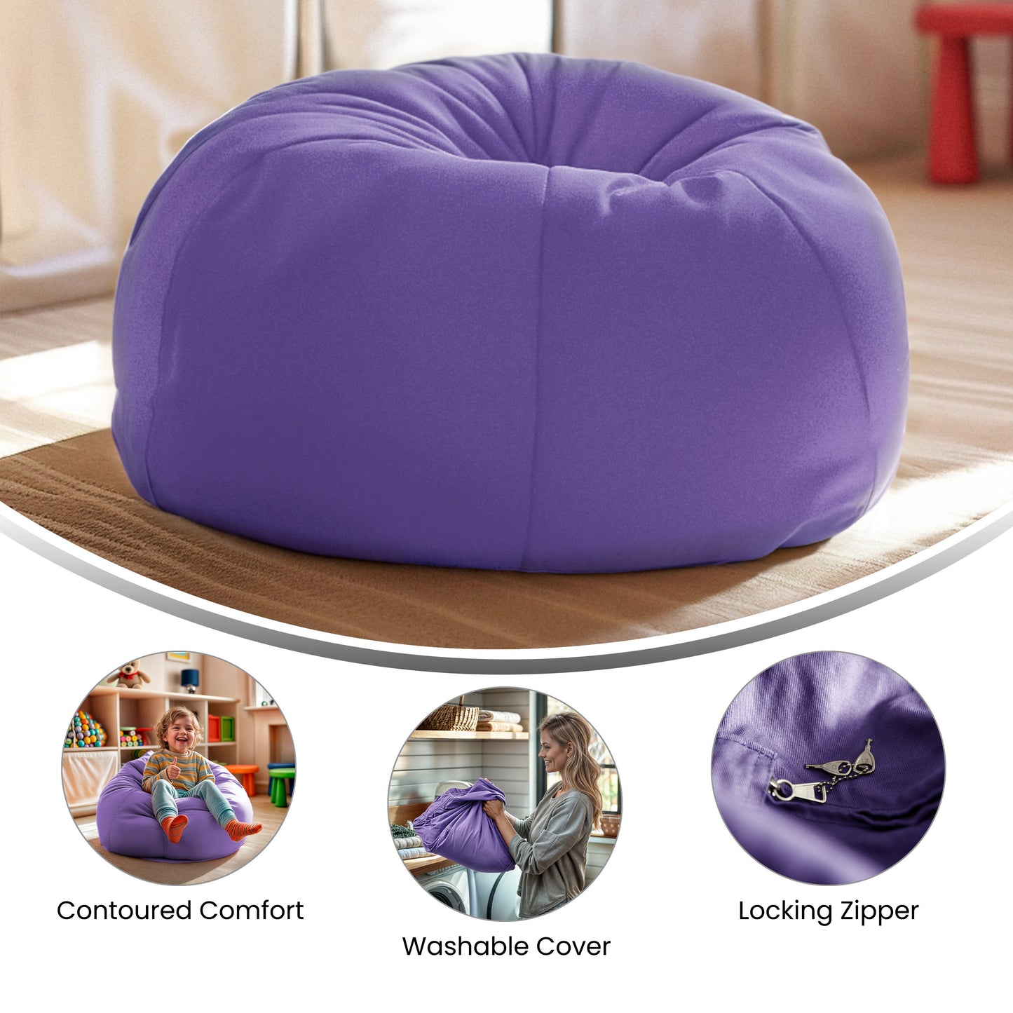Dillon Small Solid Purple Refillable Bean Bag Chair for Kids and Teens Purple