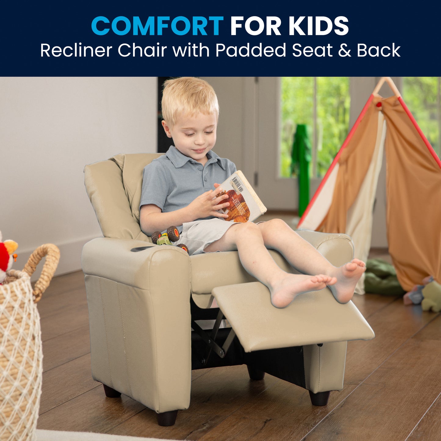 Vana Contemporary Beige Vinyl Kids Recliner with Cup Holder and Headrest Beige Vinyl