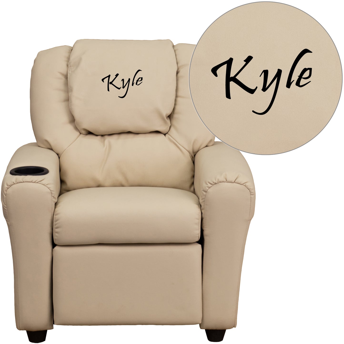 Personalized Beige Vinyl Kids Recliner with Cup Holder and Headrest Beige Vinyl