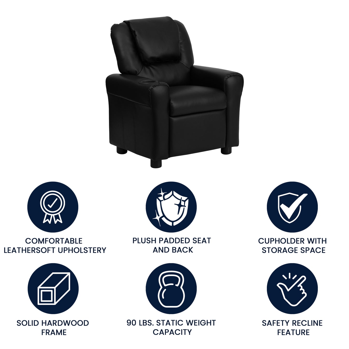 Vana Contemporary Black LeatherSoft Kids Recliner with Cup Holder and Headrest Black LeatherSoft