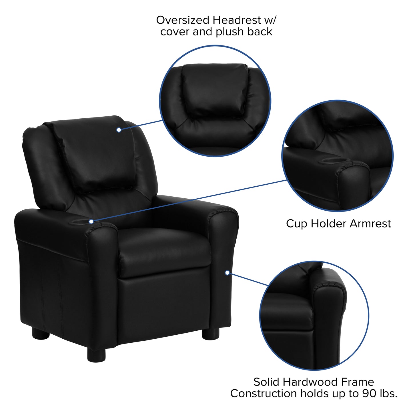 Vana Contemporary Black LeatherSoft Kids Recliner with Cup Holder and Headrest Black LeatherSoft