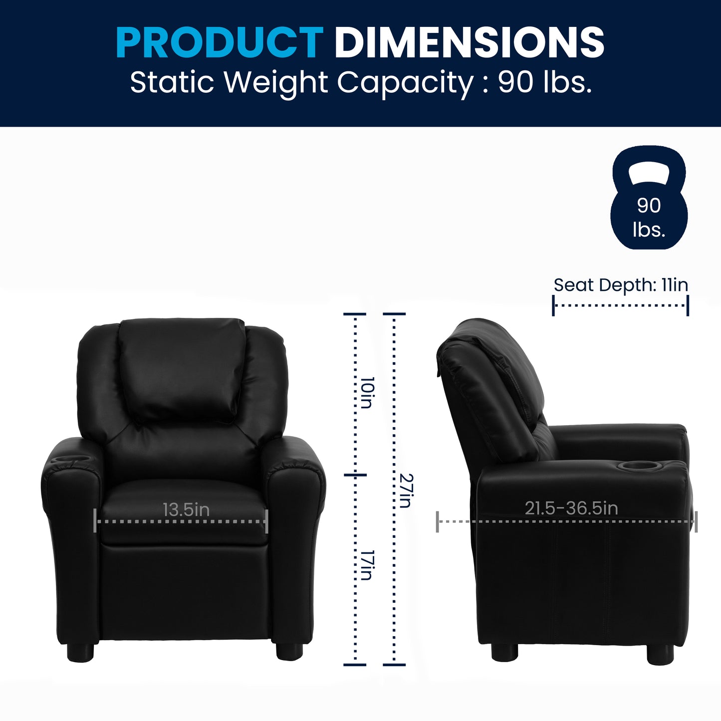 Vana Contemporary Black LeatherSoft Kids Recliner with Cup Holder and Headrest Black LeatherSoft