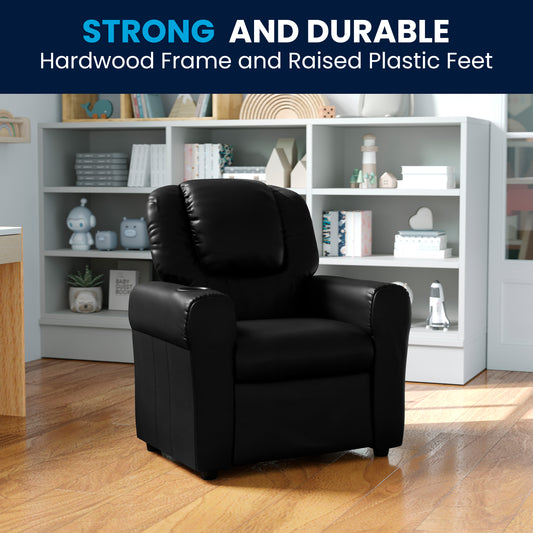 Vana Contemporary Black LeatherSoft Kids Recliner with Cup Holder and Headrest Black LeatherSoft DG-ULT-KID-BK-GG