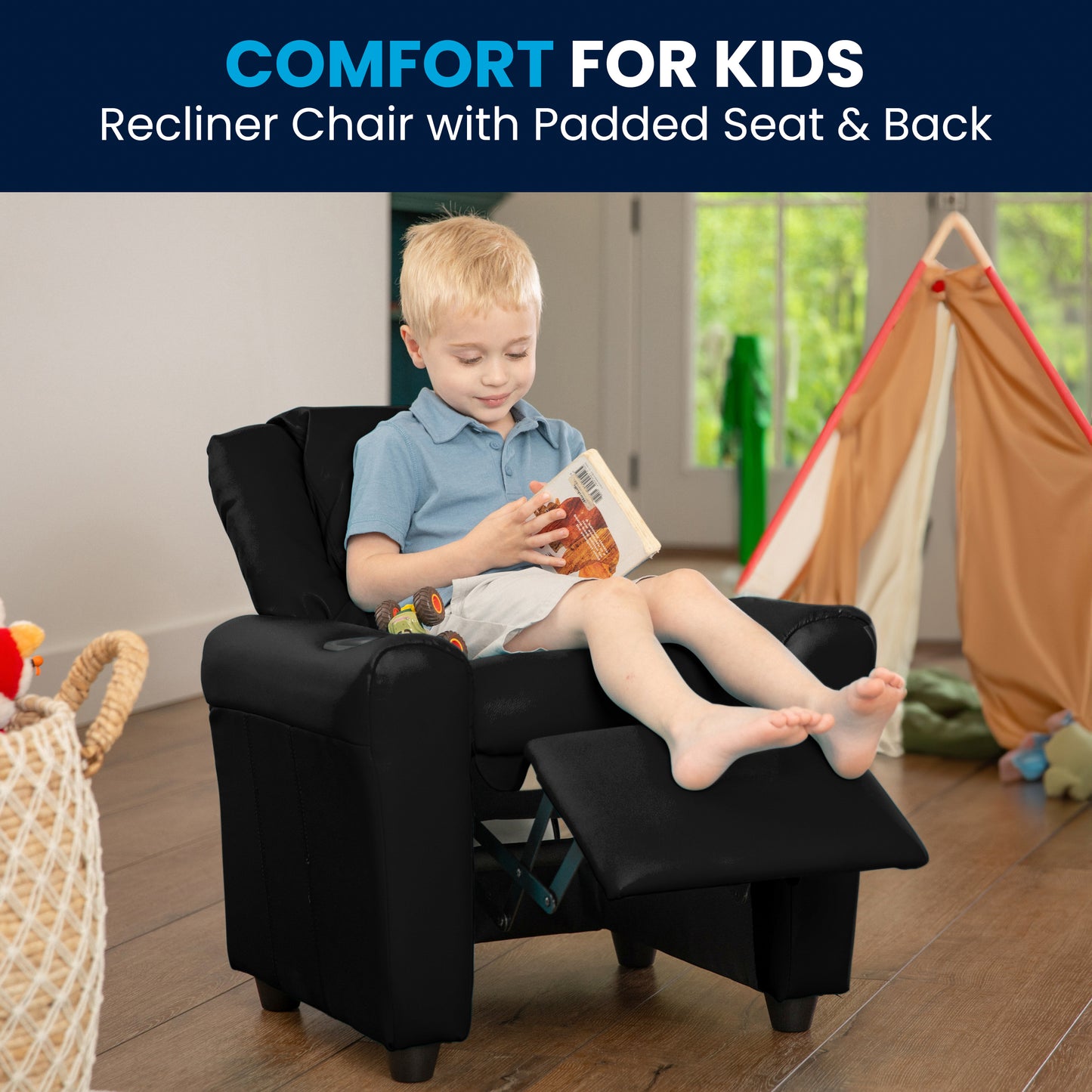 Vana Contemporary Black LeatherSoft Kids Recliner with Cup Holder and Headrest Black LeatherSoft