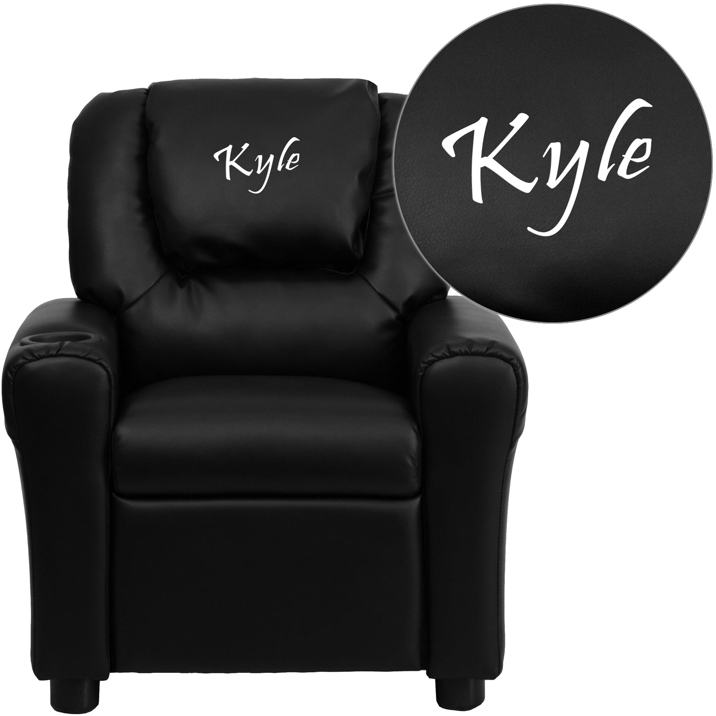 Personalized Black LeatherSoft Kids Recliner with Cup Holder and Headrest Black LeatherSoft
