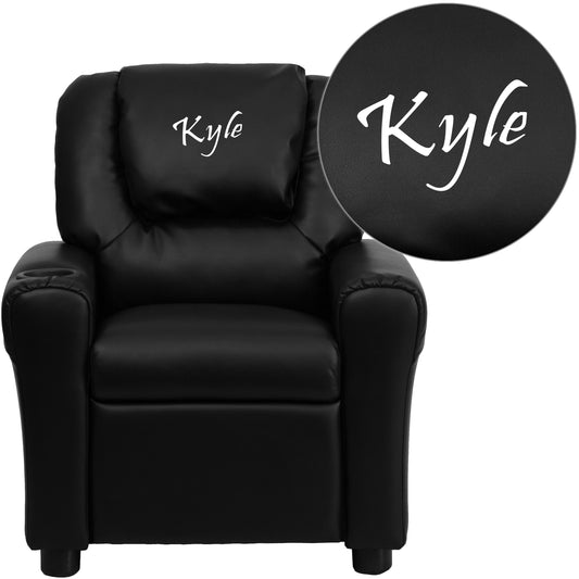 Personalized Black LeatherSoft Kids Recliner with Cup Holder and Headrest Black LeatherSoft