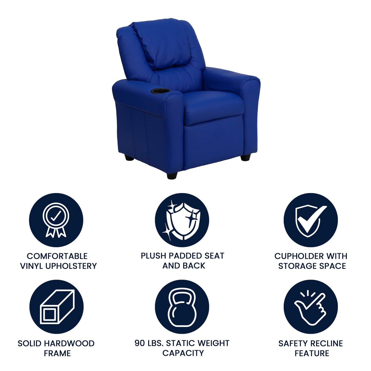 Vana Contemporary Blue Vinyl Kids Recliner with Cup Holder and Headrest Blue Vinyl
