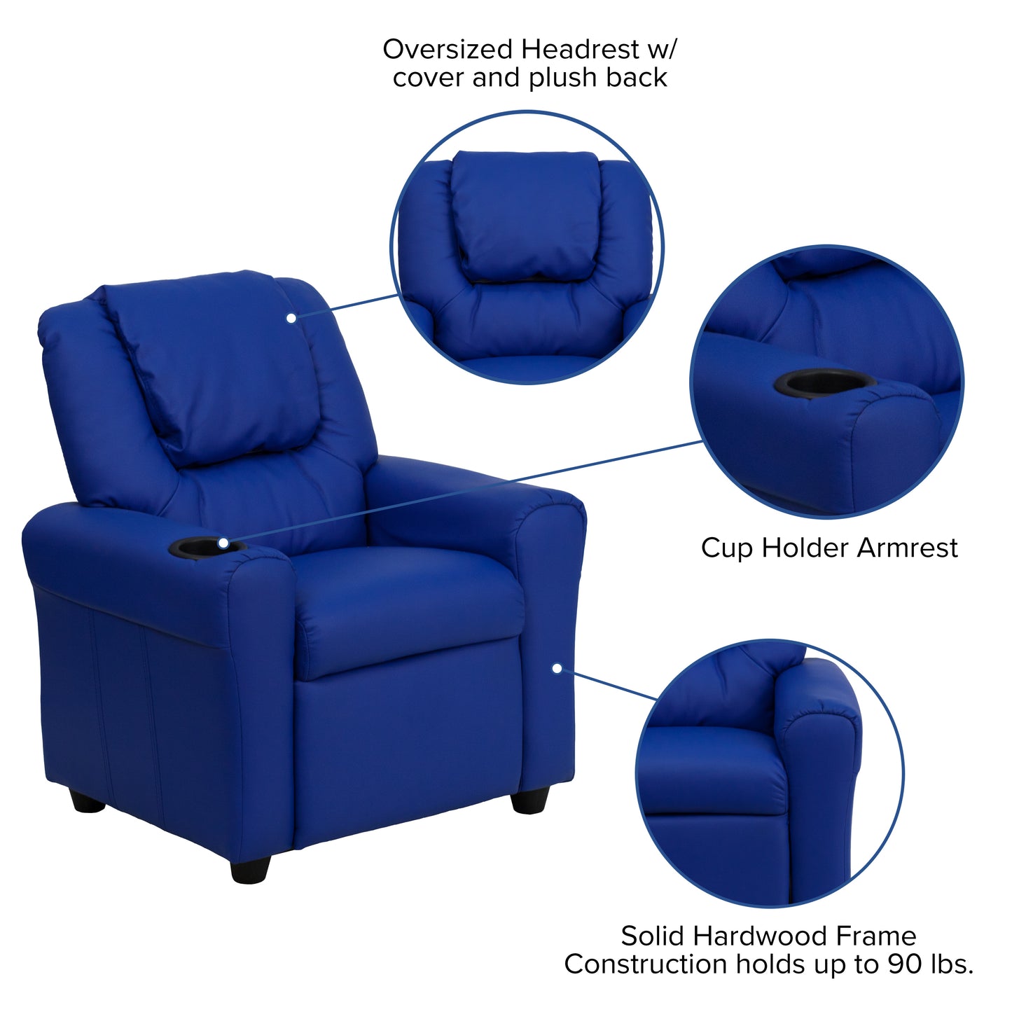 Vana Contemporary Blue Vinyl Kids Recliner with Cup Holder and Headrest Blue Vinyl