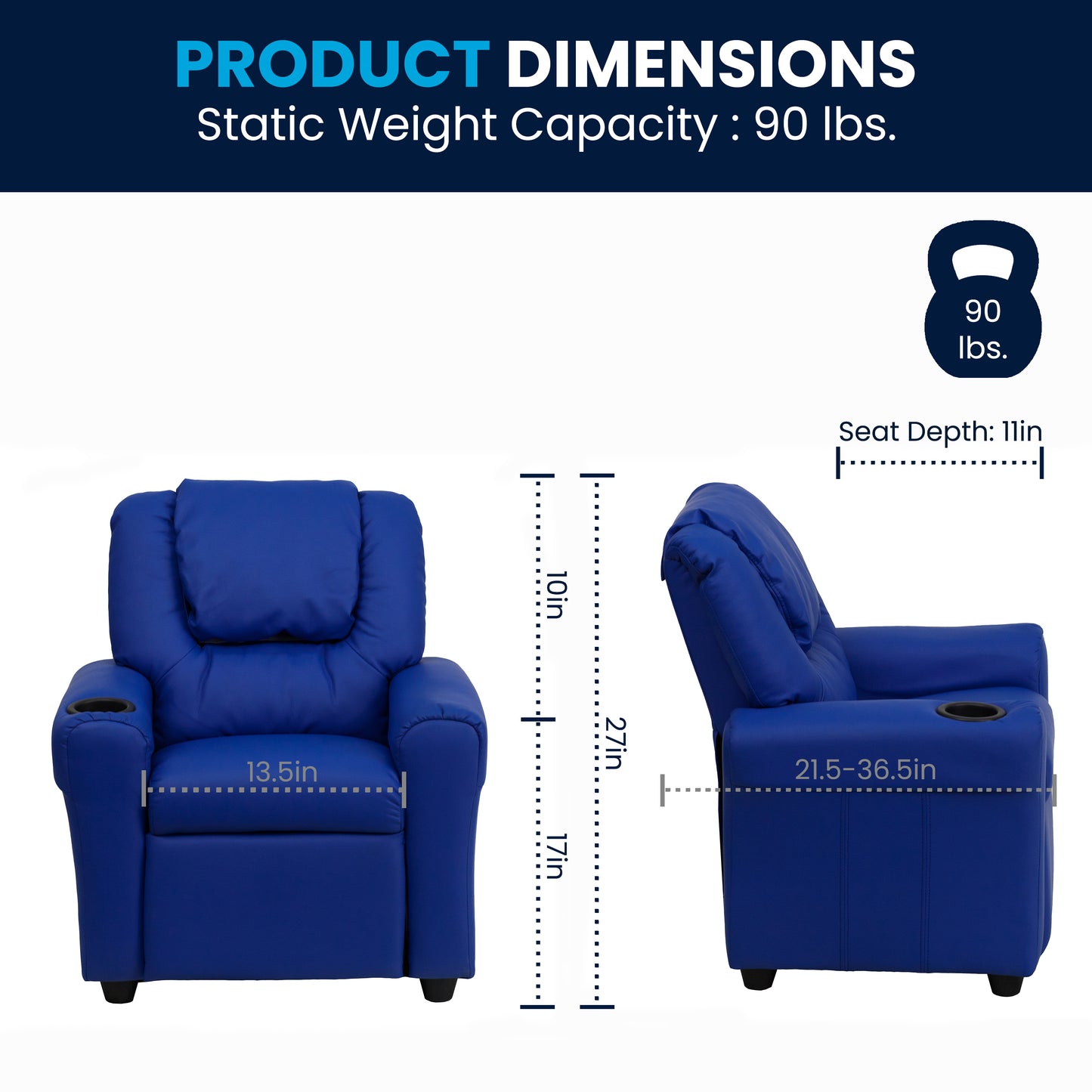 Vana Contemporary Blue Vinyl Kids Recliner with Cup Holder and Headrest Blue Vinyl