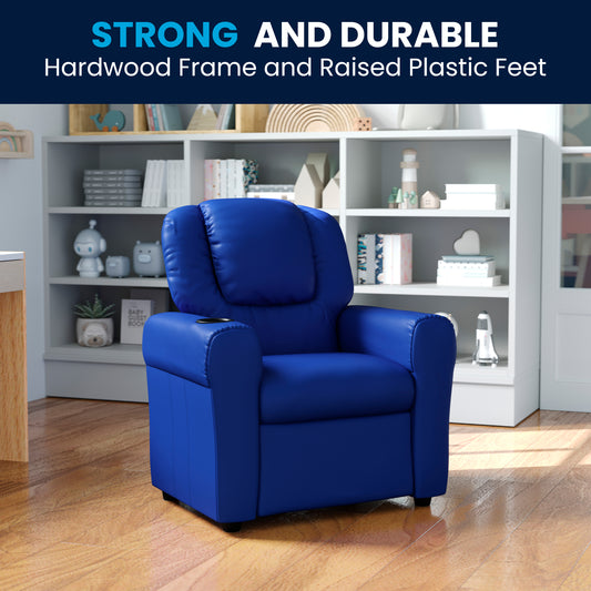 Vana Contemporary Blue Vinyl Kids Recliner with Cup Holder and Headrest Blue Vinyl DG-ULT-KID-BLUE-GG