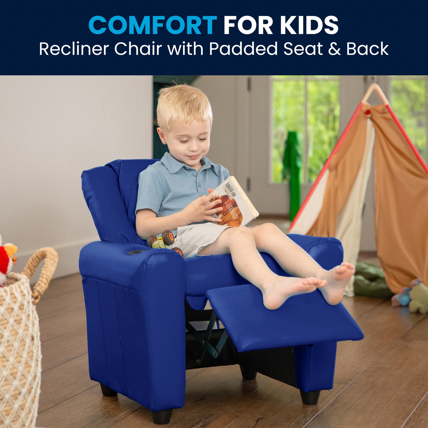 Vana Contemporary Blue Vinyl Kids Recliner with Cup Holder and Headrest Blue Vinyl