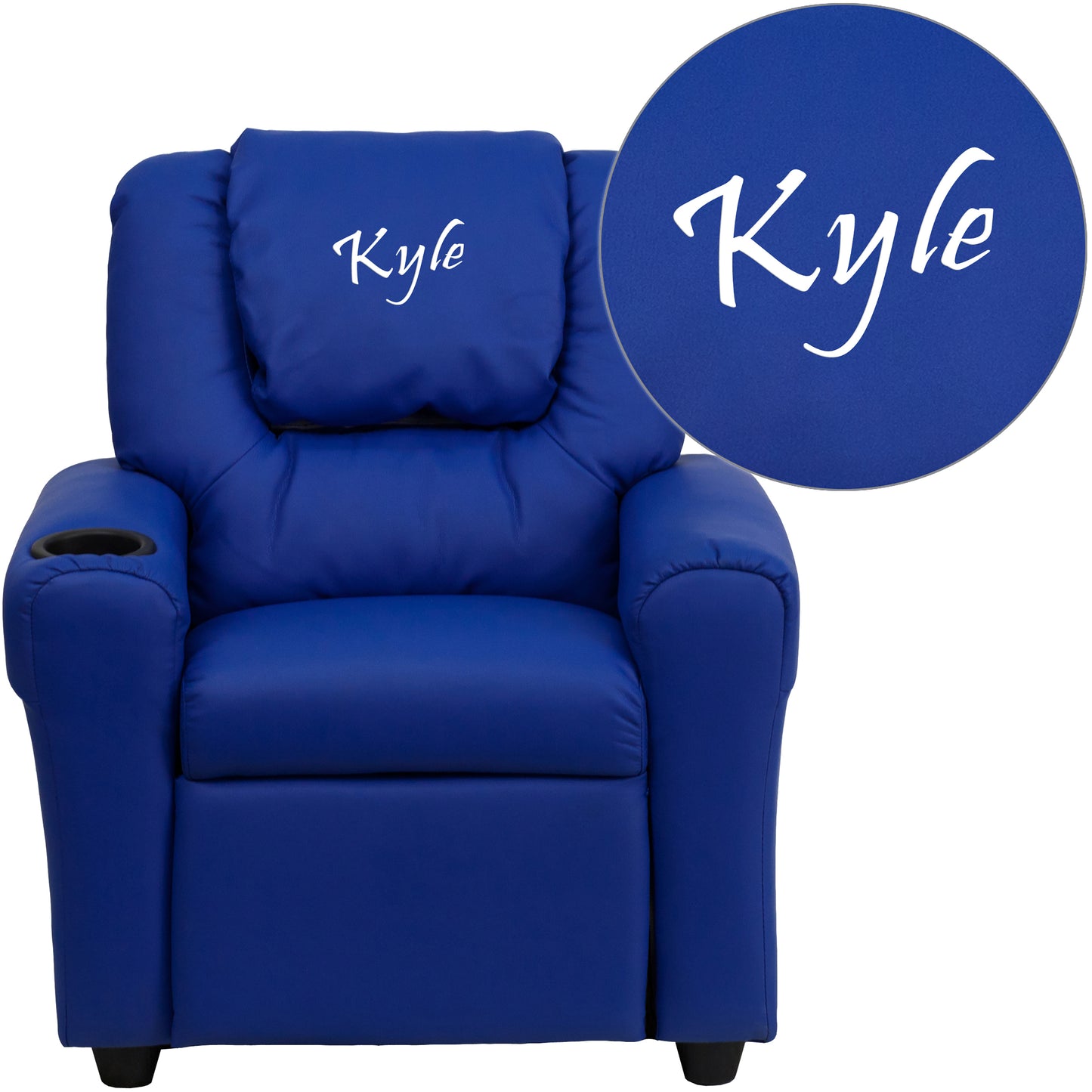 Personalized Blue Vinyl Kids Recliner with Cup Holder and Headrest Blue Vinyl