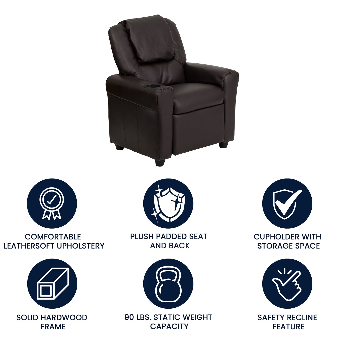 Vana Contemporary Brown LeatherSoft Kids Recliner with Cup Holder and Headrest Brown LeatherSoft