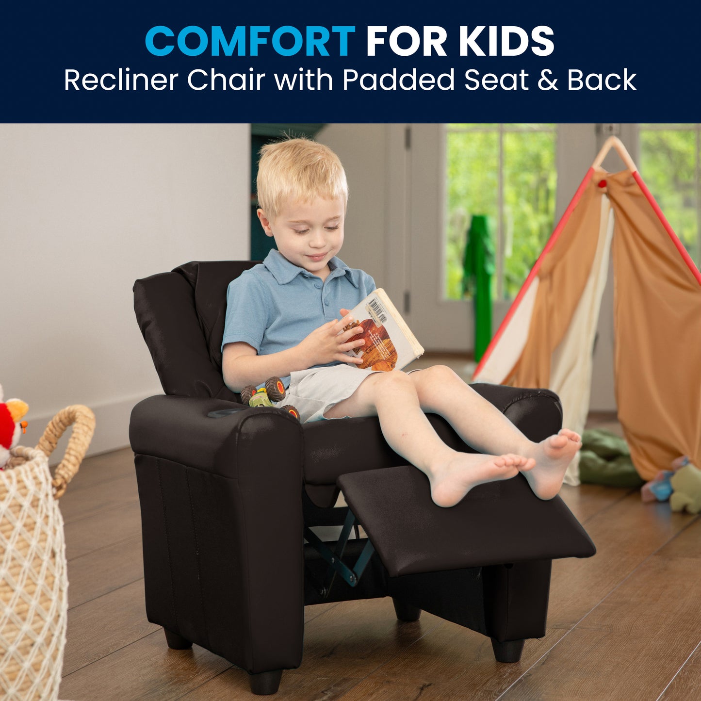 Vana Contemporary Brown LeatherSoft Kids Recliner with Cup Holder and Headrest Brown LeatherSoft
