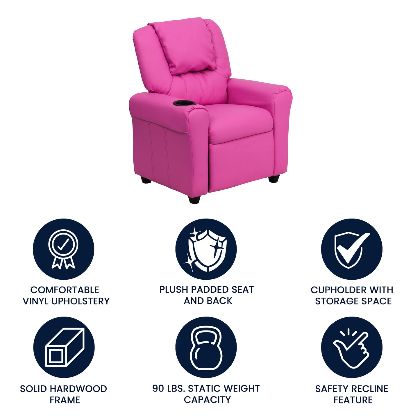 Vana Contemporary Hot Pink Vinyl Kids Recliner with Cup Holder and Headrest Hot Pink Vinyl