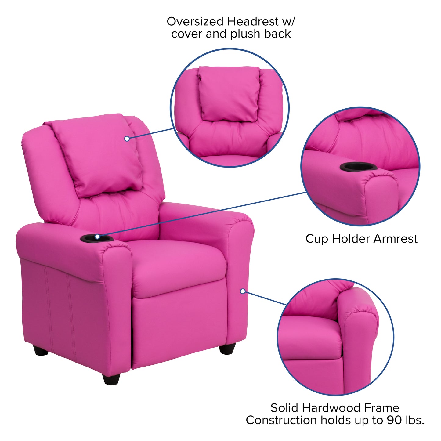 Vana Contemporary Hot Pink Vinyl Kids Recliner with Cup Holder and Headrest Hot Pink Vinyl