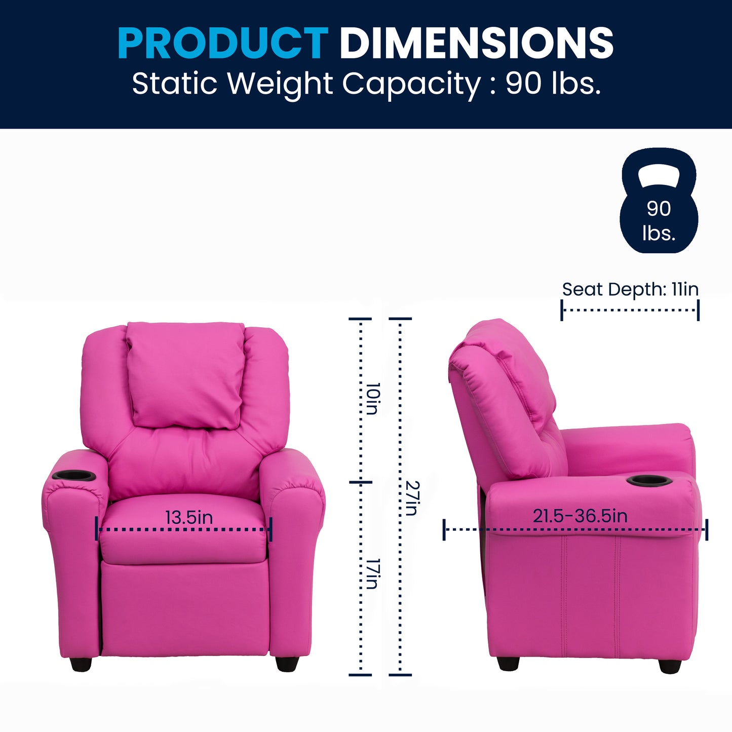 Vana Contemporary Hot Pink Vinyl Kids Recliner with Cup Holder and Headrest Hot Pink Vinyl