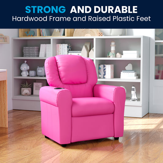 Vana Contemporary Hot Pink Vinyl Kids Recliner with Cup Holder and Headrest Hot Pink Vinyl DG-ULT-KID-HOT-PINK-GG