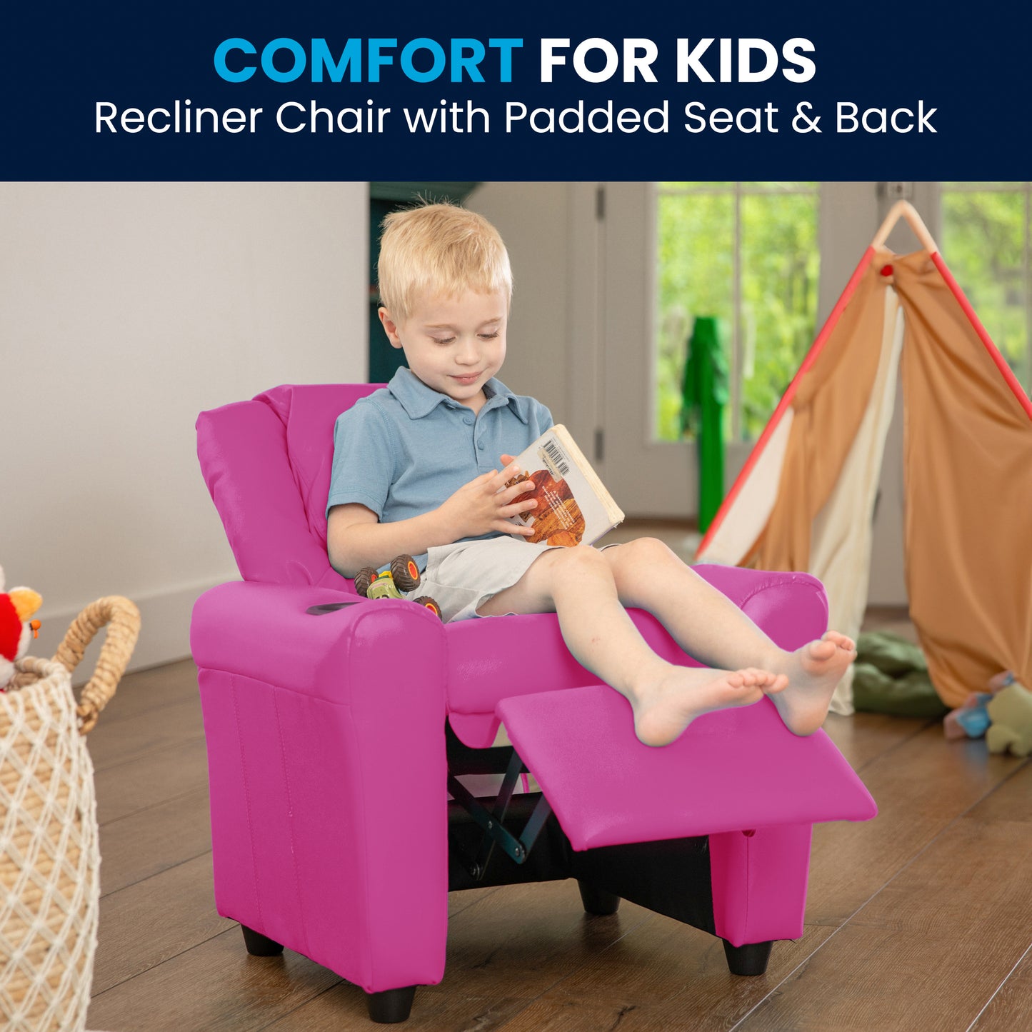 Vana Contemporary Hot Pink Vinyl Kids Recliner with Cup Holder and Headrest Hot Pink Vinyl