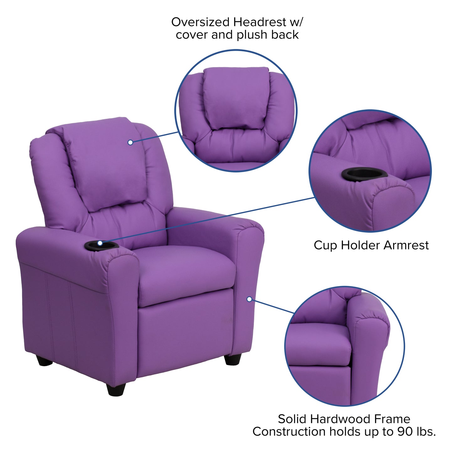 Vana Contemporary Lavender Vinyl Kids Recliner with Cup Holder and Headrest Lavender Vinyl
