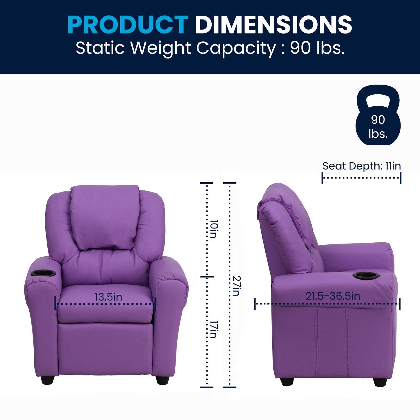 Vana Contemporary Lavender Vinyl Kids Recliner with Cup Holder and Headrest Lavender Vinyl