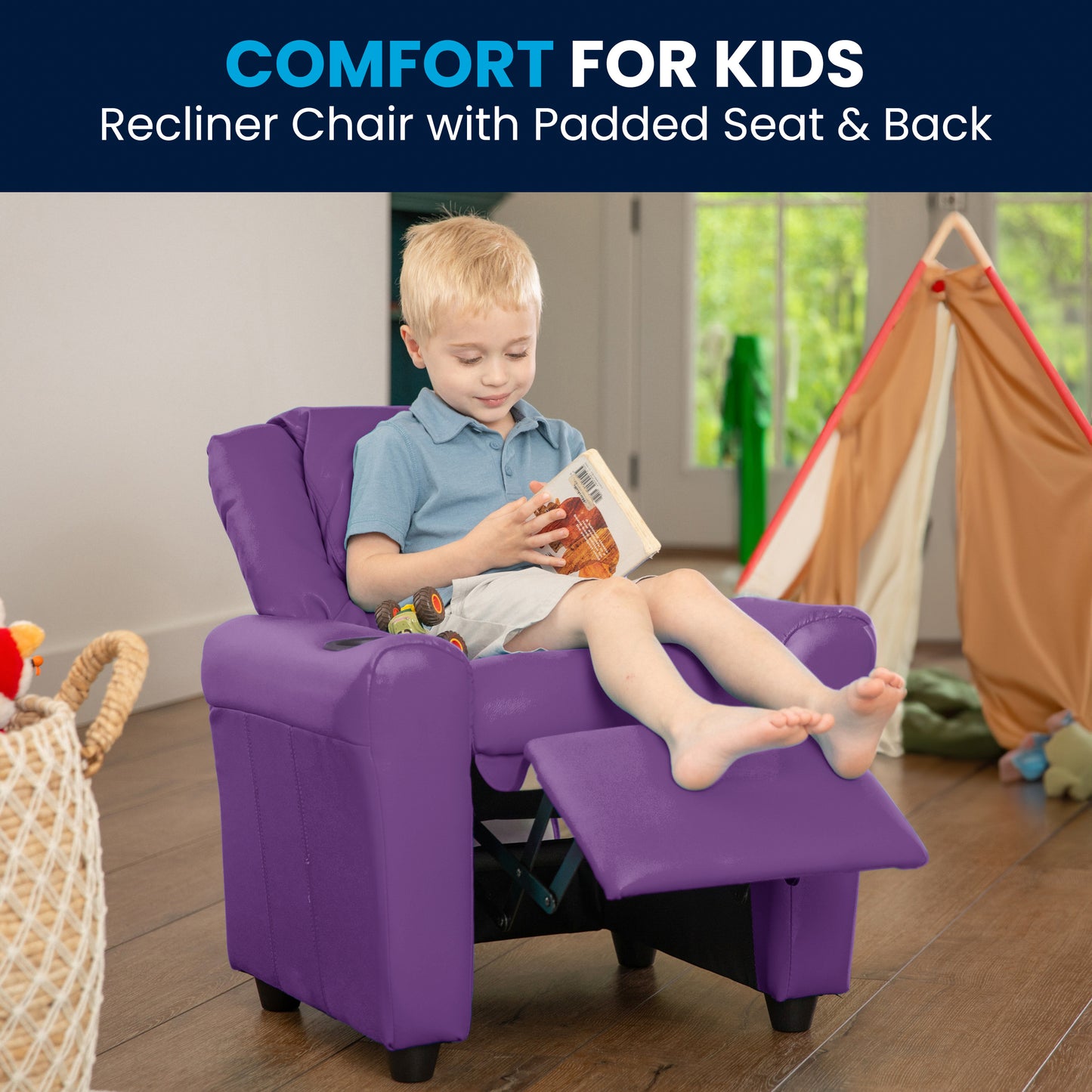 Vana Contemporary Lavender Vinyl Kids Recliner with Cup Holder and Headrest Lavender Vinyl