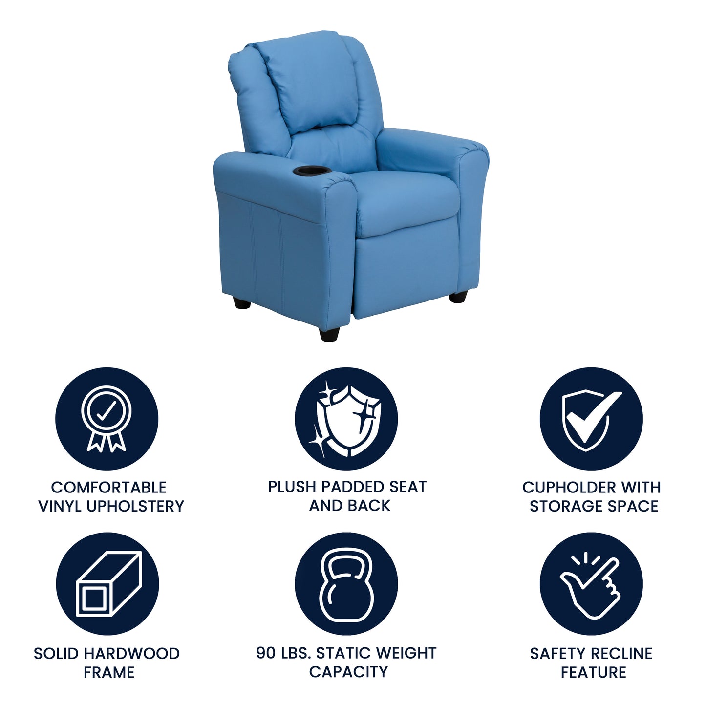 Vana Contemporary Light Blue Vinyl Kids Recliner with Cup Holder and Headrest Light Blue Vinyl