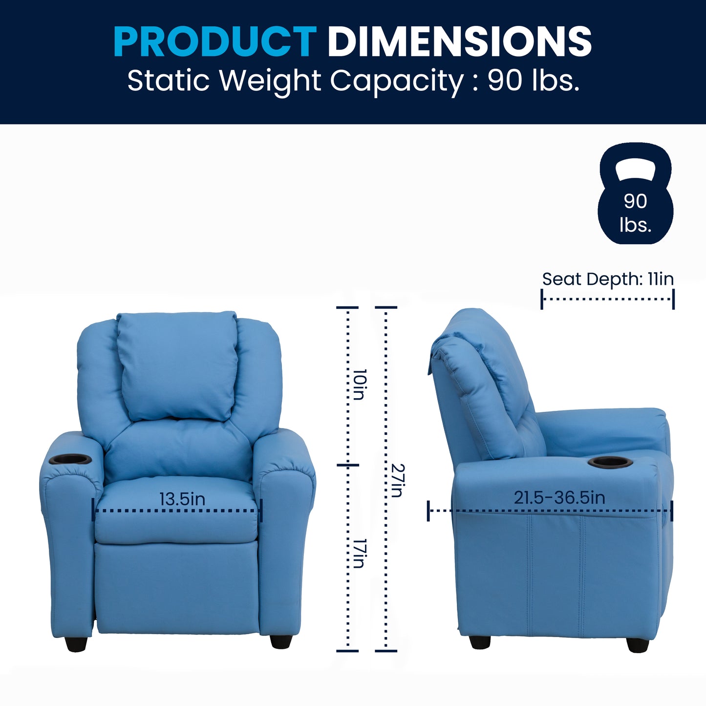 Vana Contemporary Light Blue Vinyl Kids Recliner with Cup Holder and Headrest Light Blue Vinyl