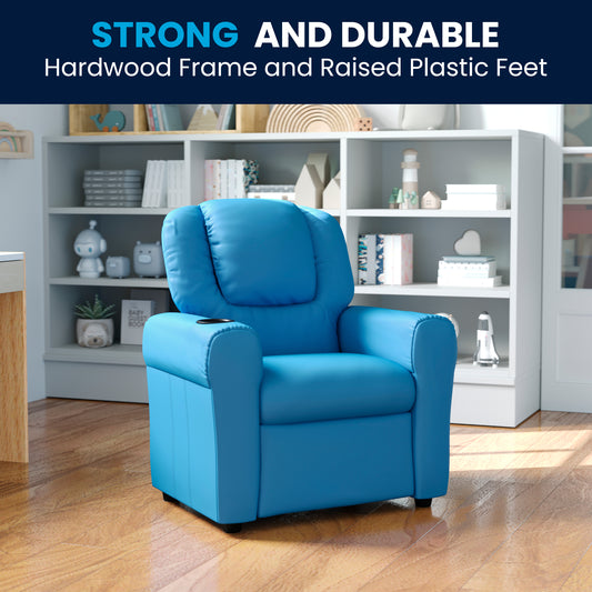 Vana Contemporary Light Blue Vinyl Kids Recliner with Cup Holder and Headrest Light Blue Vinyl DG-ULT-KID-LTBLUE-GG