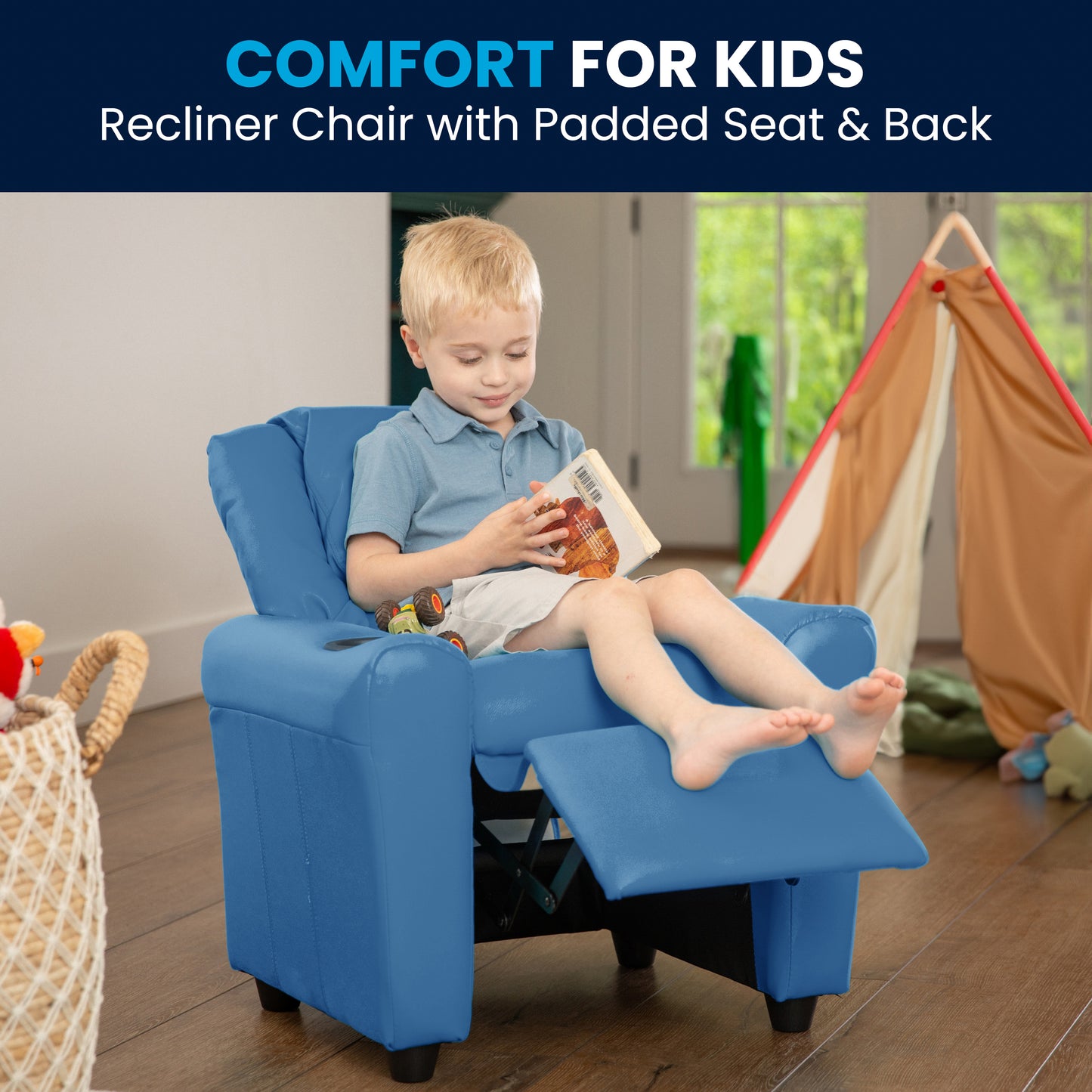Vana Contemporary Light Blue Vinyl Kids Recliner with Cup Holder and Headrest Light Blue Vinyl