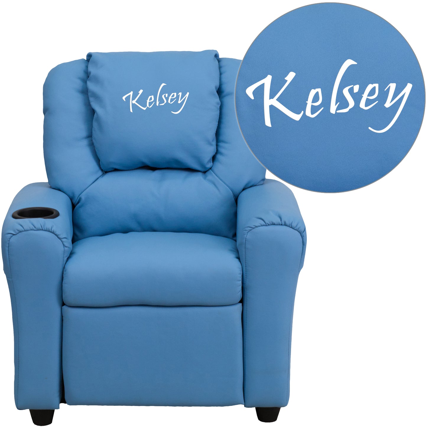 Personalized Light Blue Vinyl Kids Recliner with Cup Holder and Headrest Light Blue Vinyl