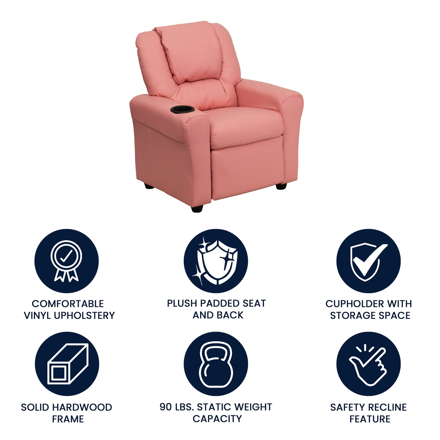 Vana Contemporary Pink Vinyl Kids Recliner with Cup Holder and Headrest Pink Vinyl