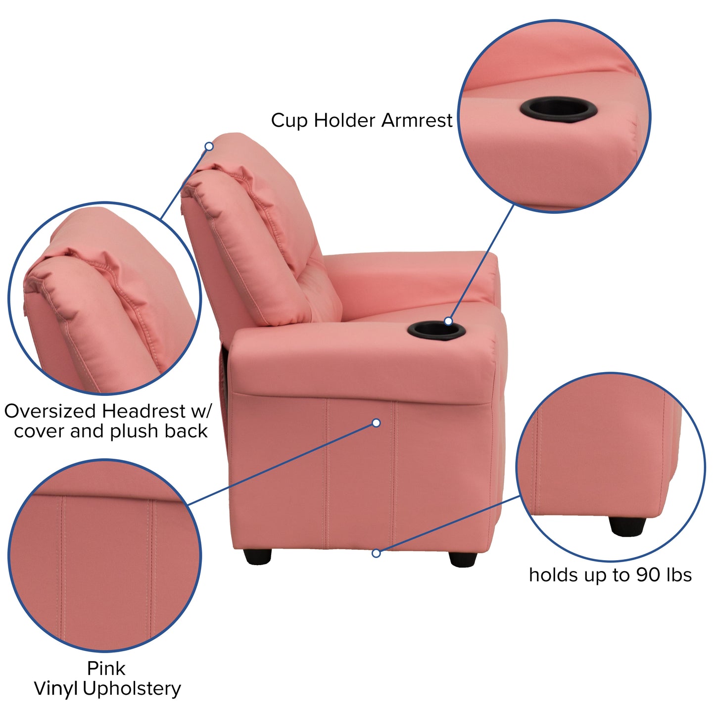 Vana Contemporary Pink Vinyl Kids Recliner with Cup Holder and Headrest Pink Vinyl