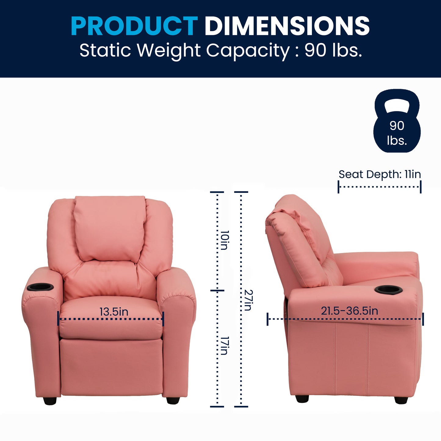 Vana Contemporary Pink Vinyl Kids Recliner with Cup Holder and Headrest Pink Vinyl
