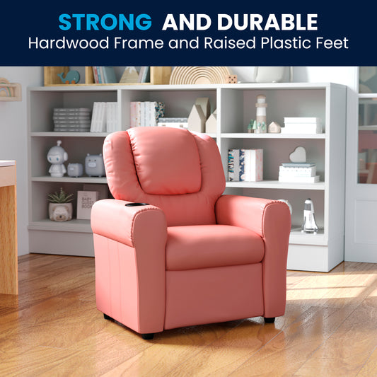 Vana Contemporary Pink Vinyl Kids Recliner with Cup Holder and Headrest Pink Vinyl DG-ULT-KID-PINK-GG