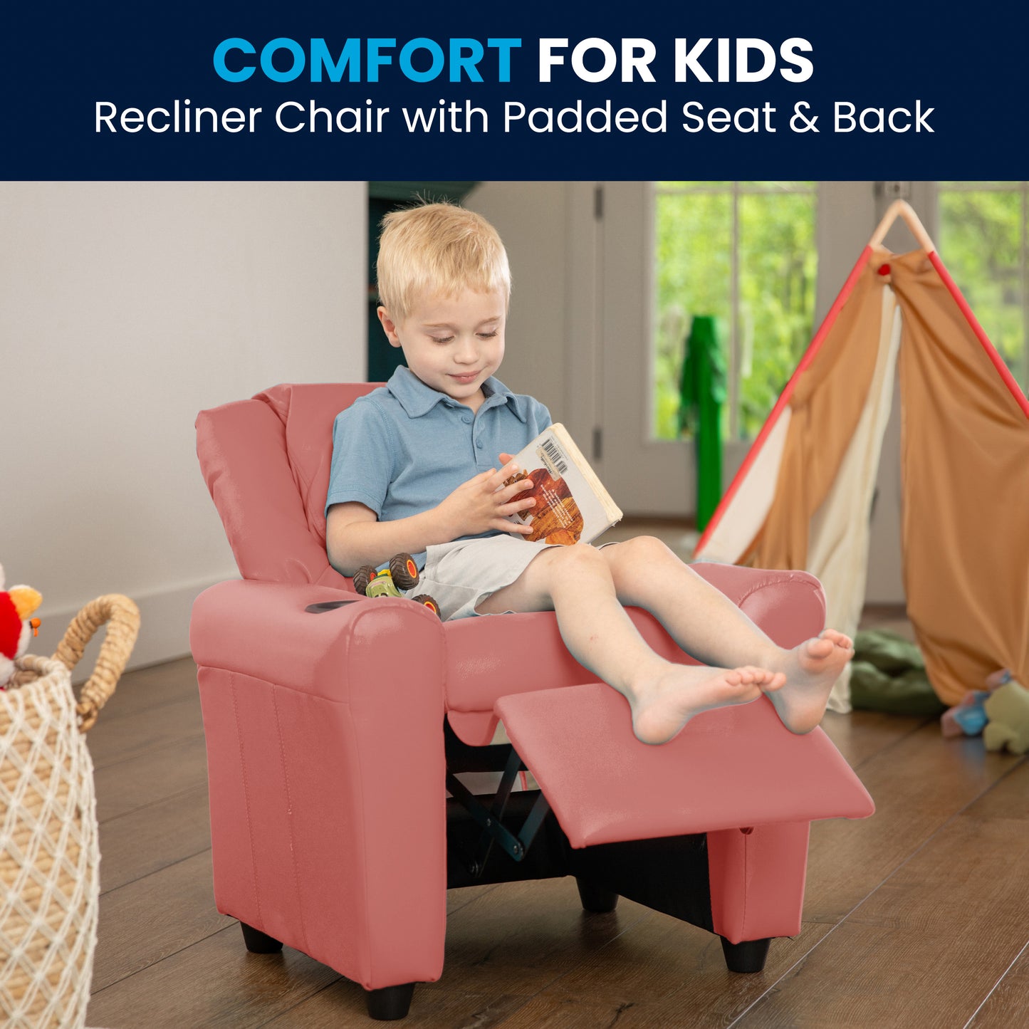 Vana Contemporary Pink Vinyl Kids Recliner with Cup Holder and Headrest Pink Vinyl