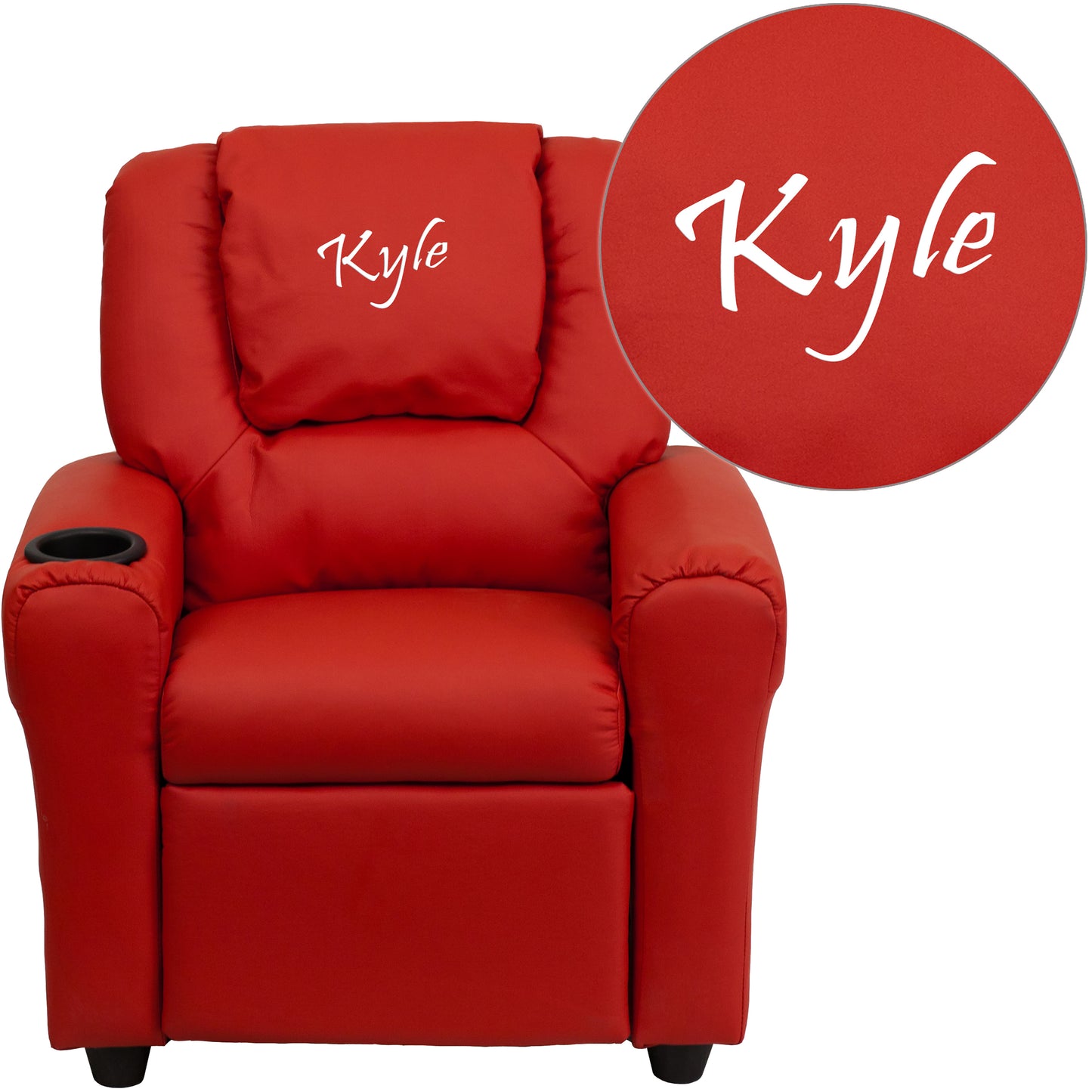 Personalized Red Vinyl Kids Recliner with Cup Holder and Headrest Red Vinyl