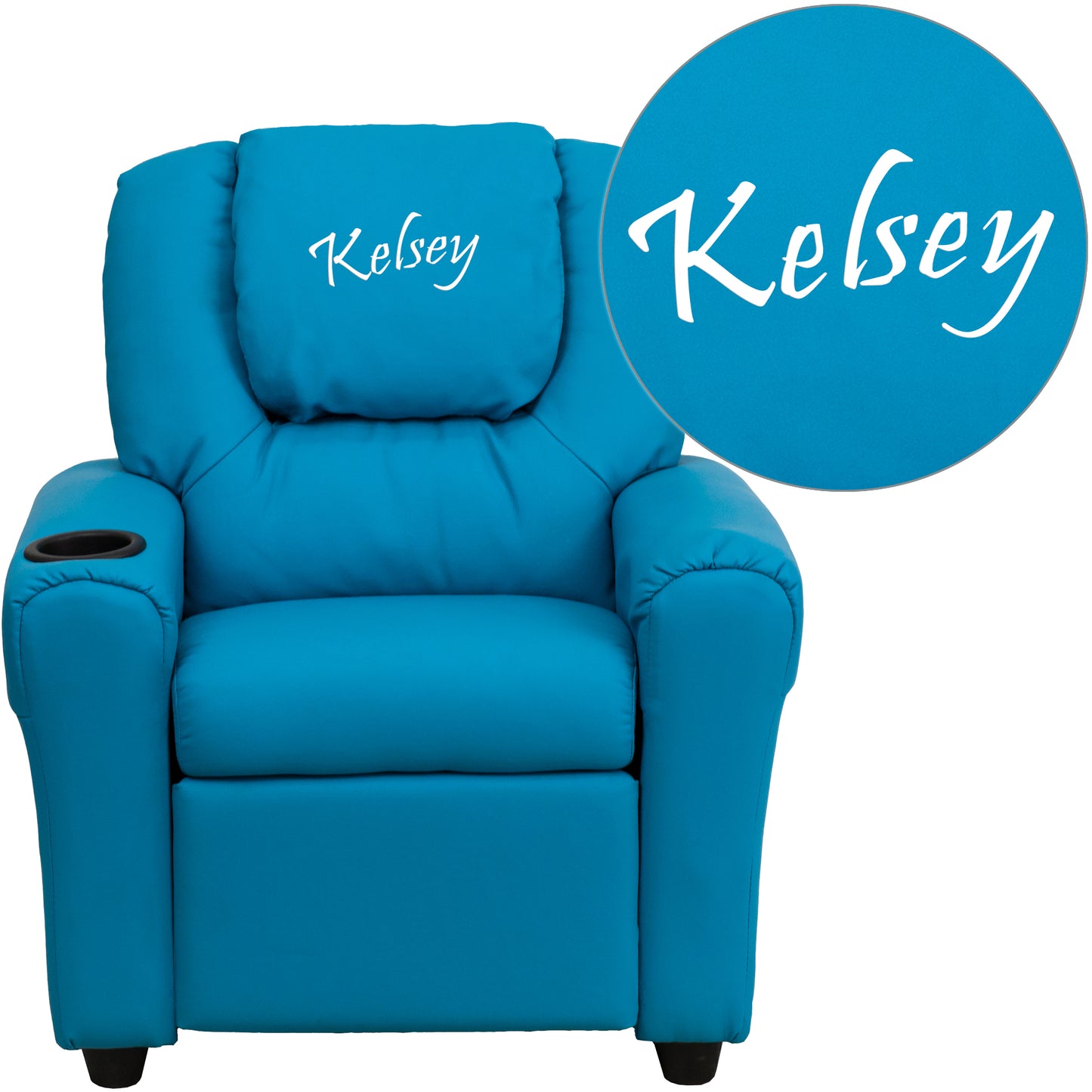 Personalized Turquoise Vinyl Kids Recliner with Cup Holder and Headrest Turquoise Vinyl
