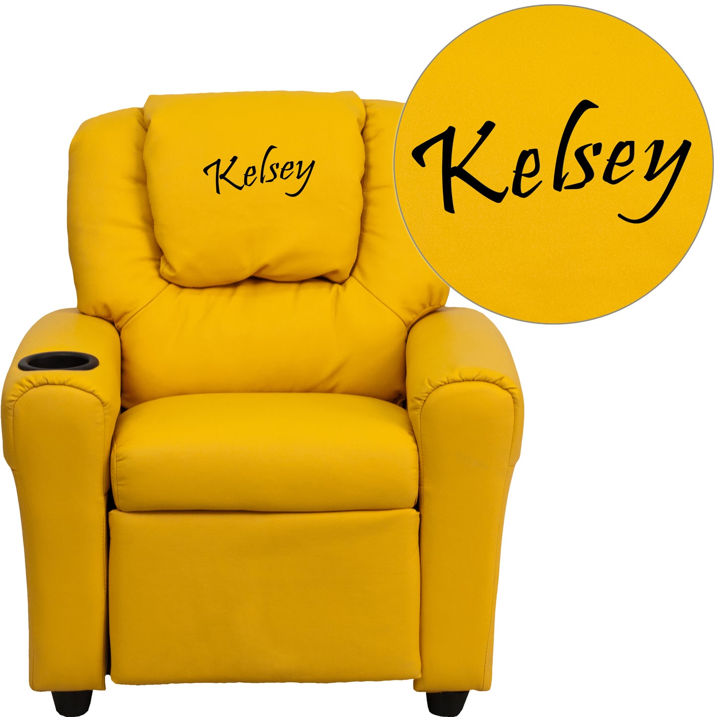 Personalized Yellow Vinyl Kids Recliner with Cup Holder and Headrest Yellow Vinyl DG-ULT-KID-YEL-TXTEMB-GG