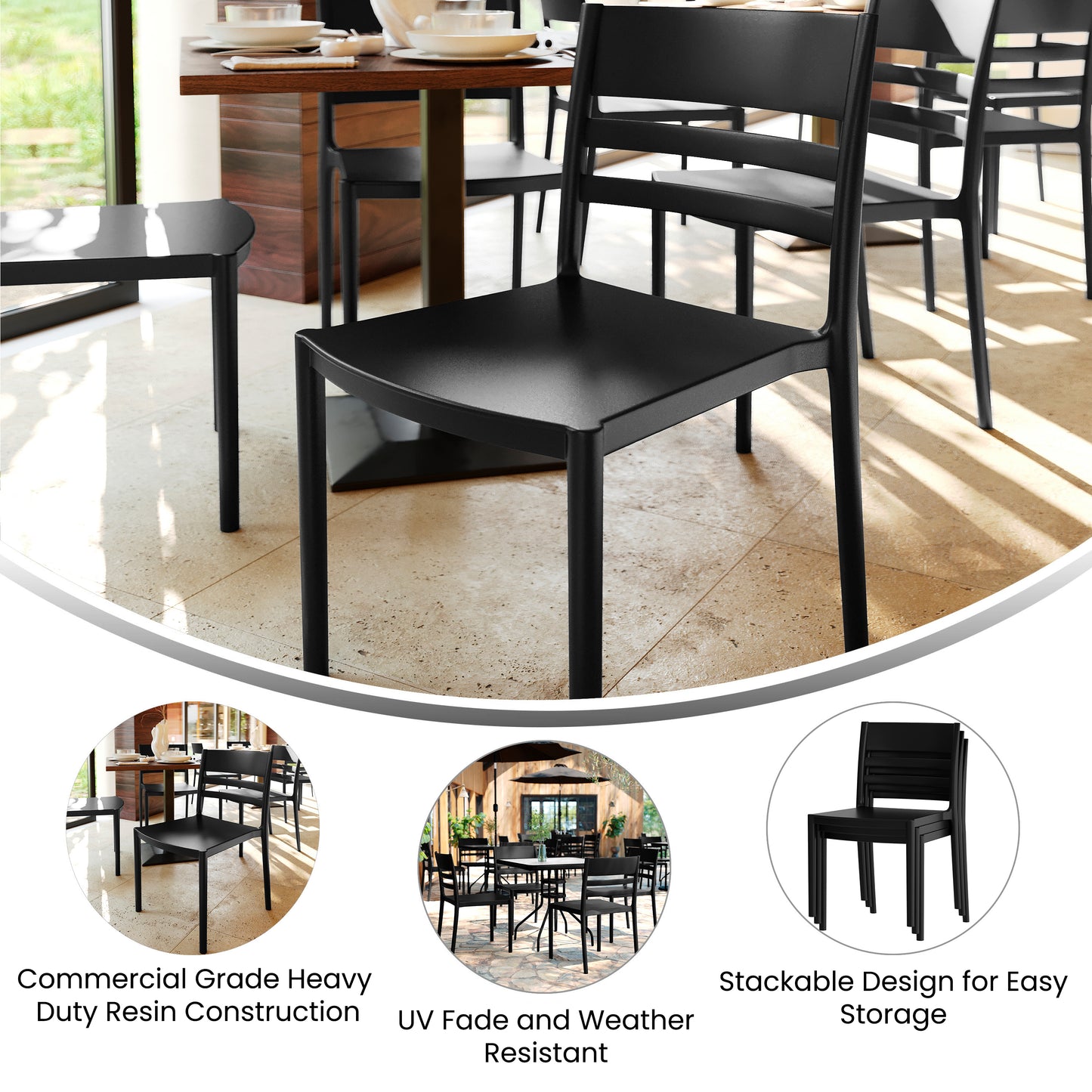 Bridgeport Indoor-Outdoor Stacking Patio Chair with Slatted Backrest, Commercial All-Weather Resin Chair in Black Black