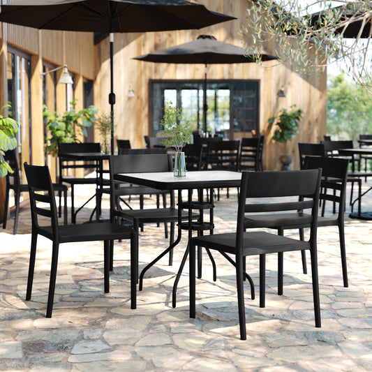 Bridgeport Indoor-Outdoor Stacking Patio Chair with Slatted Backrest, Commercial All-Weather Resin Chair in Black Black