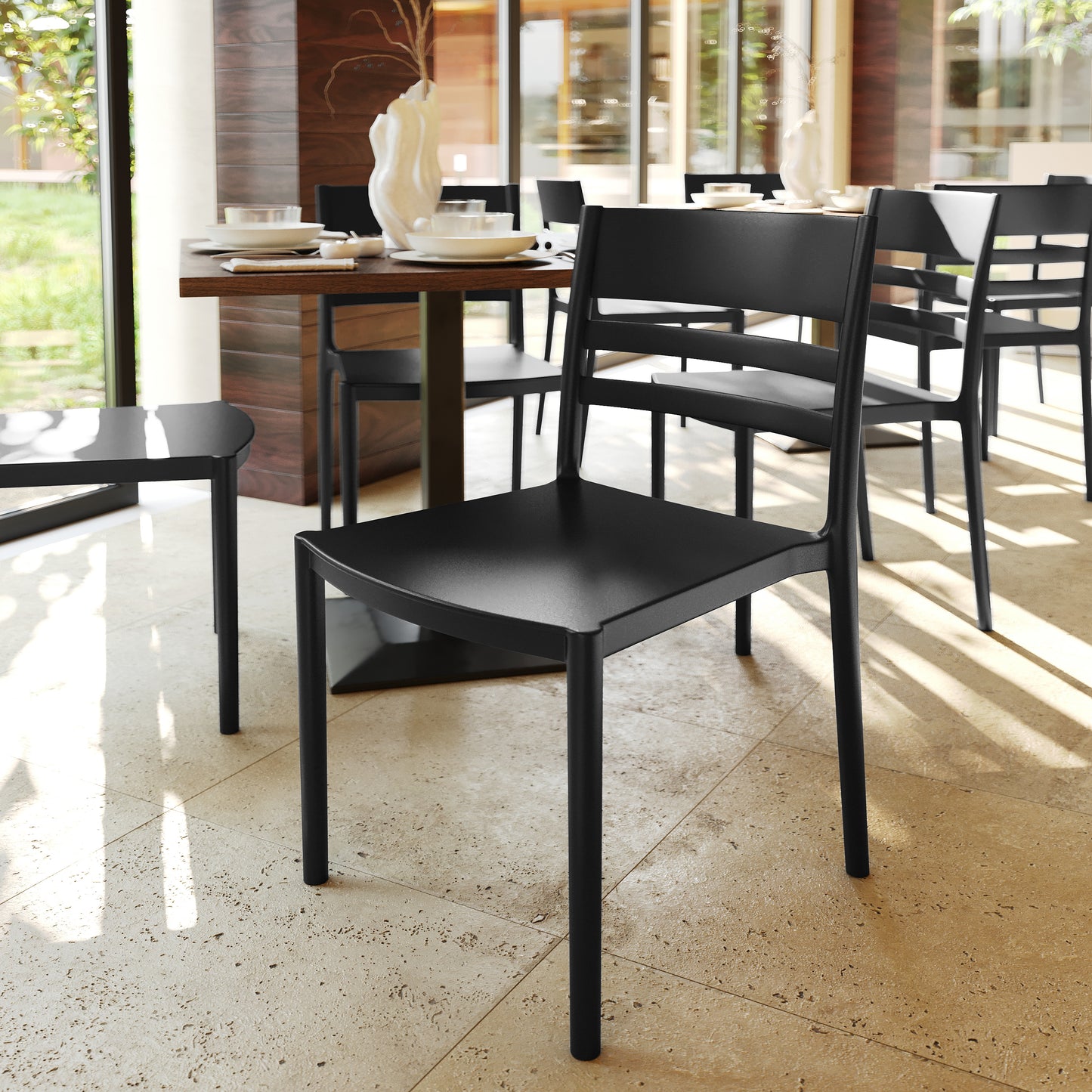 Bridgeport Indoor-Outdoor Stacking Patio Chair with Slatted Backrest, Commercial All-Weather Resin Chair in Black Black