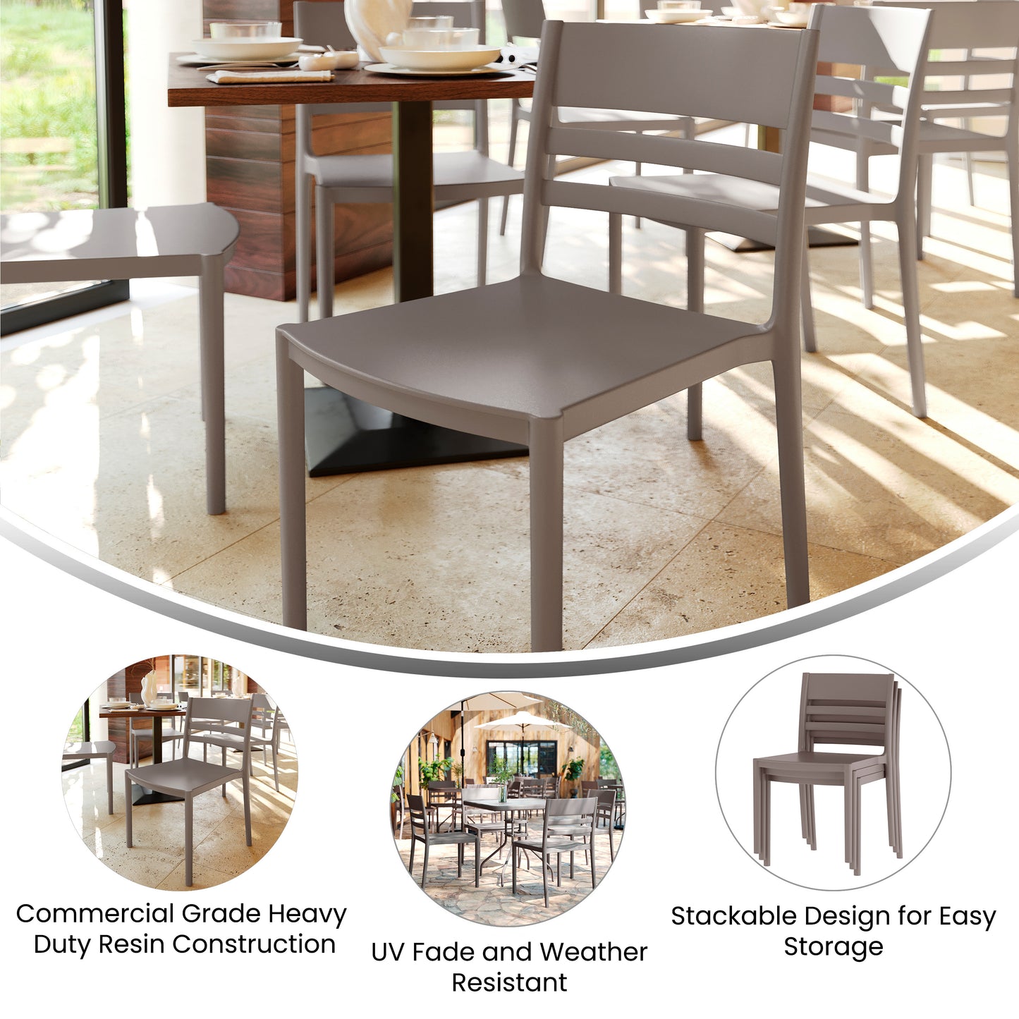 Bridgeport Indoor-Outdoor Stacking Patio Chair with Slatted Backrest, Commercial All-Weather Resin Chair in Gray Gray
