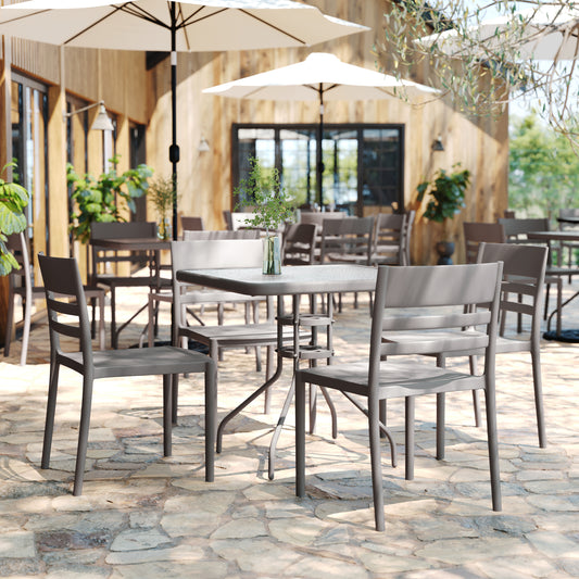 Bridgeport Indoor-Outdoor Stacking Patio Chair with Slatted Backrest, Commercial All-Weather Resin Chair in Gray Gray