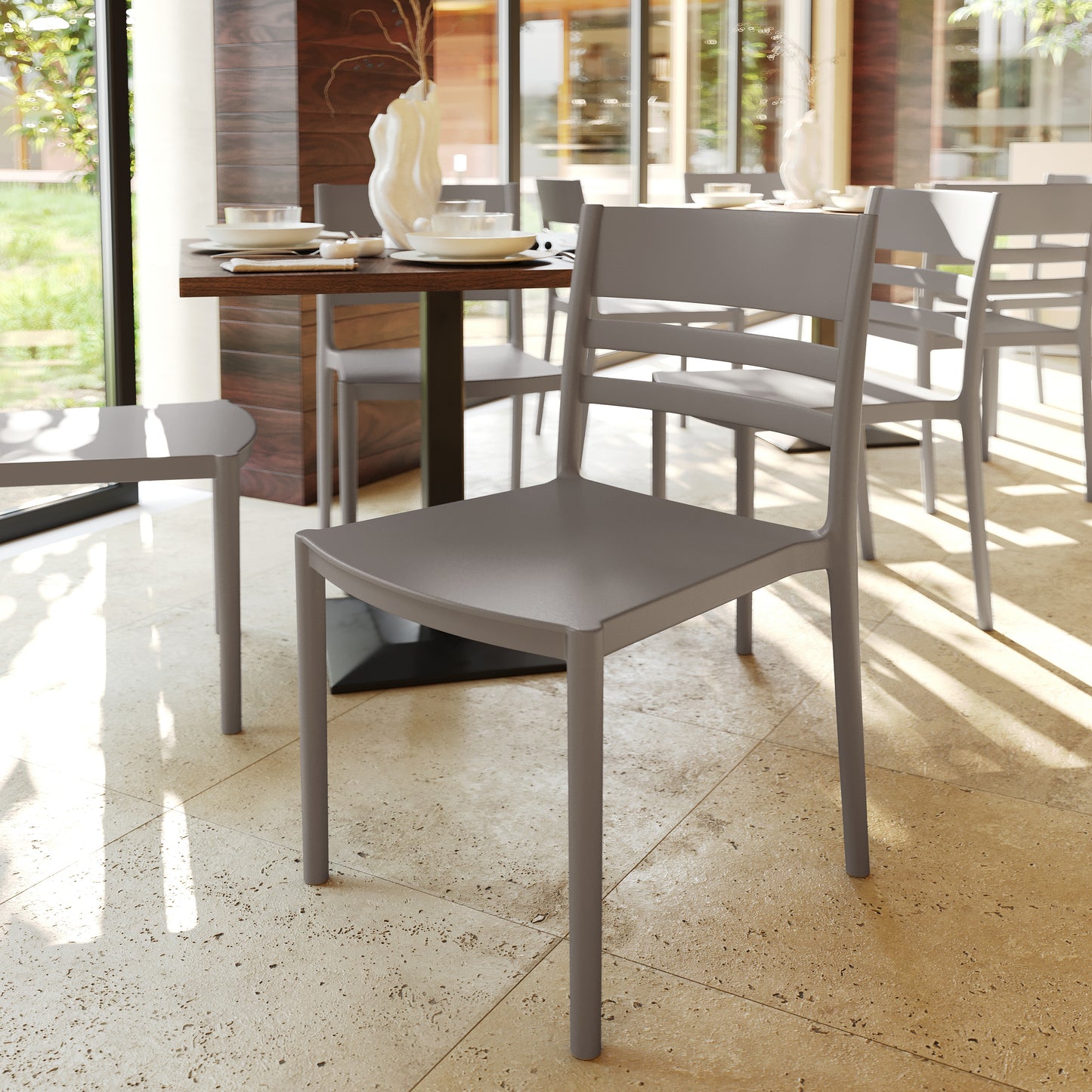 Bridgeport Indoor-Outdoor Stacking Patio Chair with Slatted Backrest, Commercial All-Weather Resin Chair in Gray Gray