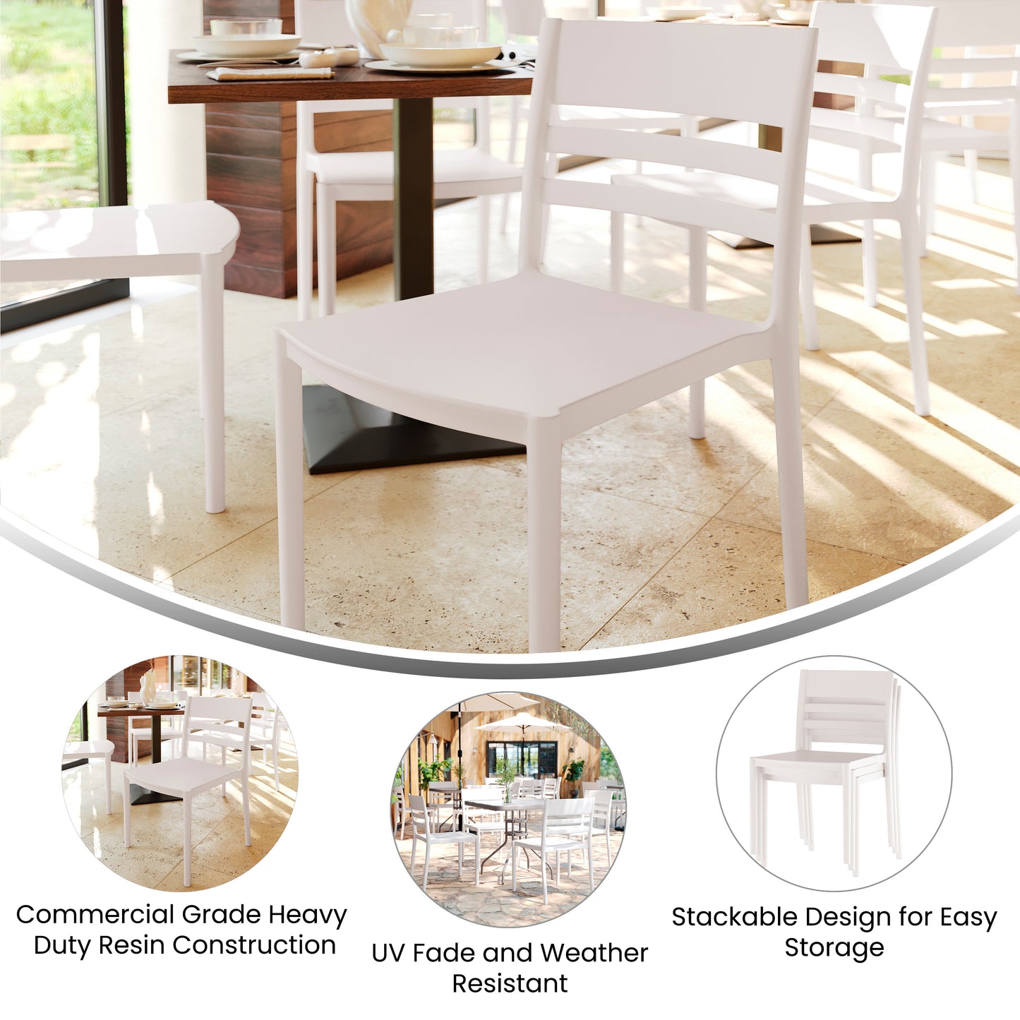 Bridgeport Indoor-Outdoor Stacking Patio Chair with Slatted Backrest, Commercial All-Weather Resin Chair in White White