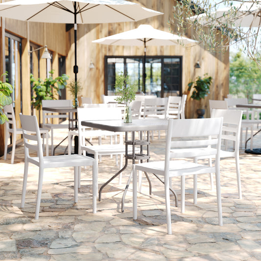 Bridgeport Indoor-Outdoor Stacking Patio Chair with Slatted Backrest, Commercial All-Weather Resin Chair in White White
